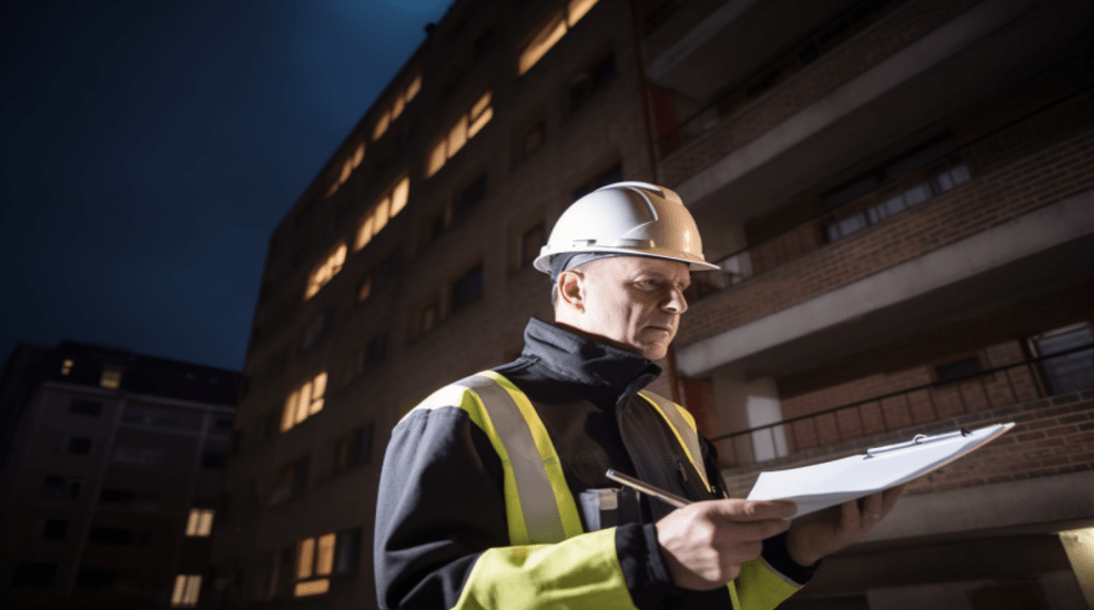 _A_uk_fire_marshall_inspecting_a_building_with_a_clipboard