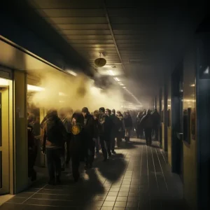 a group of people evacuating an office due to fire