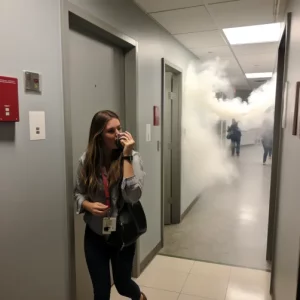 people in office evacuating due to signs of a fire